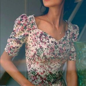 Maeve Jacquard Top Structured Floral Puff Sleeve Sweetheart Neckline Size 2